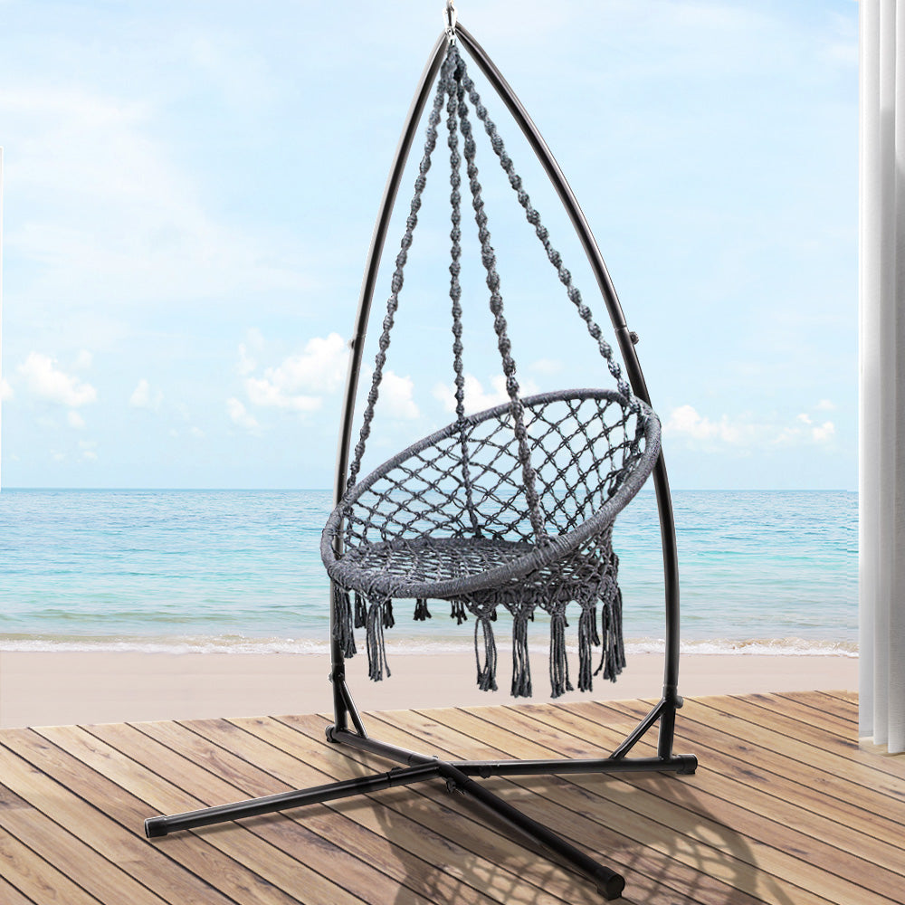 Outdoor Hammock Chair with Steel Stand Cotton Swing Hanging 124CM Grey