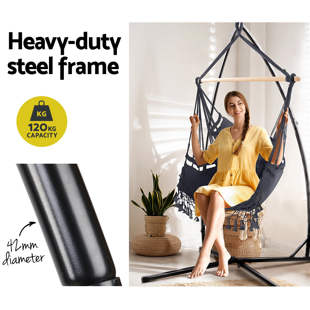 Outdoor Hammock Chair with Steel Stand Tassel Hanging Rope Hammock Grey