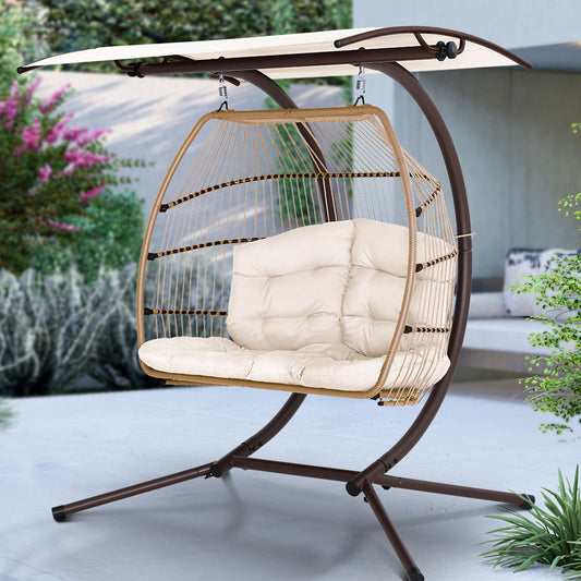 Bryce Egg Swing Chair Rattan Double Hanging Wicker with Stand - Latte