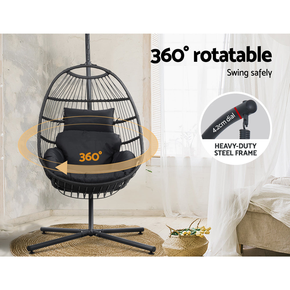 Zeke Egg Swing Chair Wicker with Stand - Black