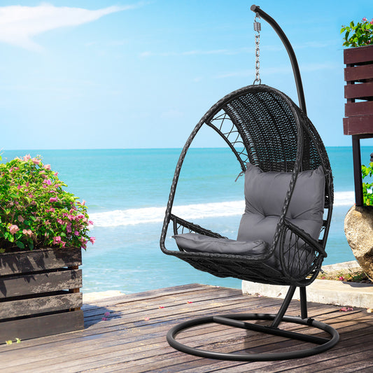 Layla Outdoor Egg Swing Chair with Stand Cushion Wicker Armrest - Black