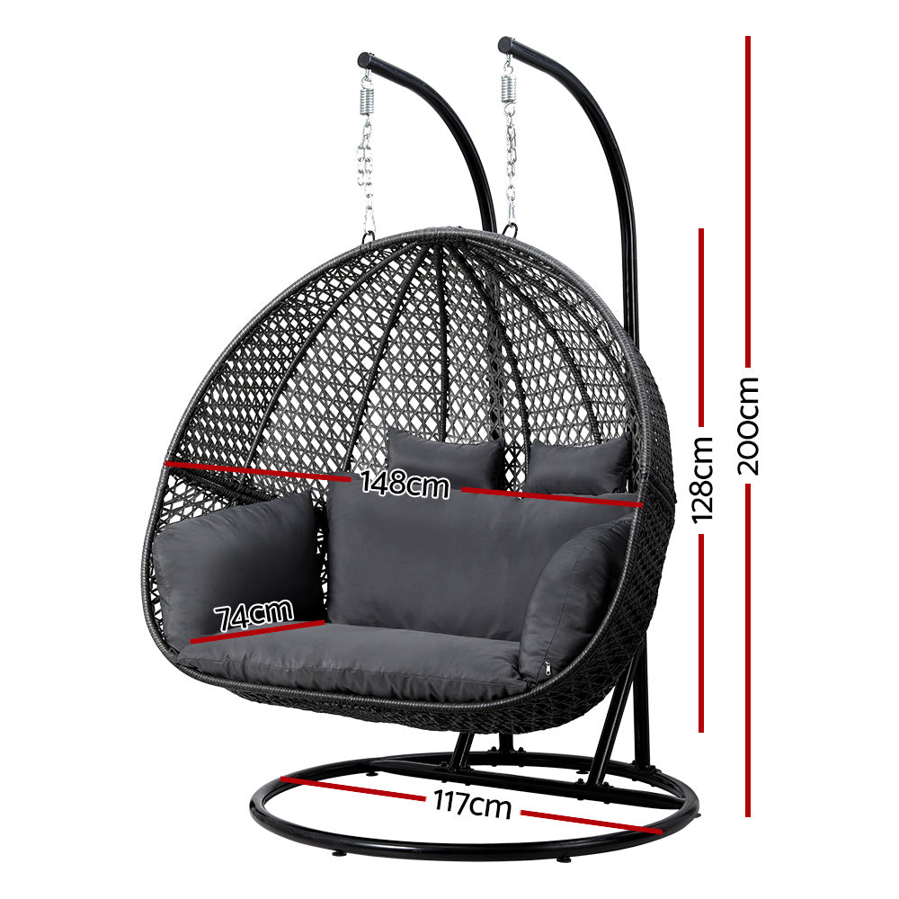 Andrew Outdoor Egg Swing Chair Wicker Furniture Pod Stand Cushion 2 Seater - Grey