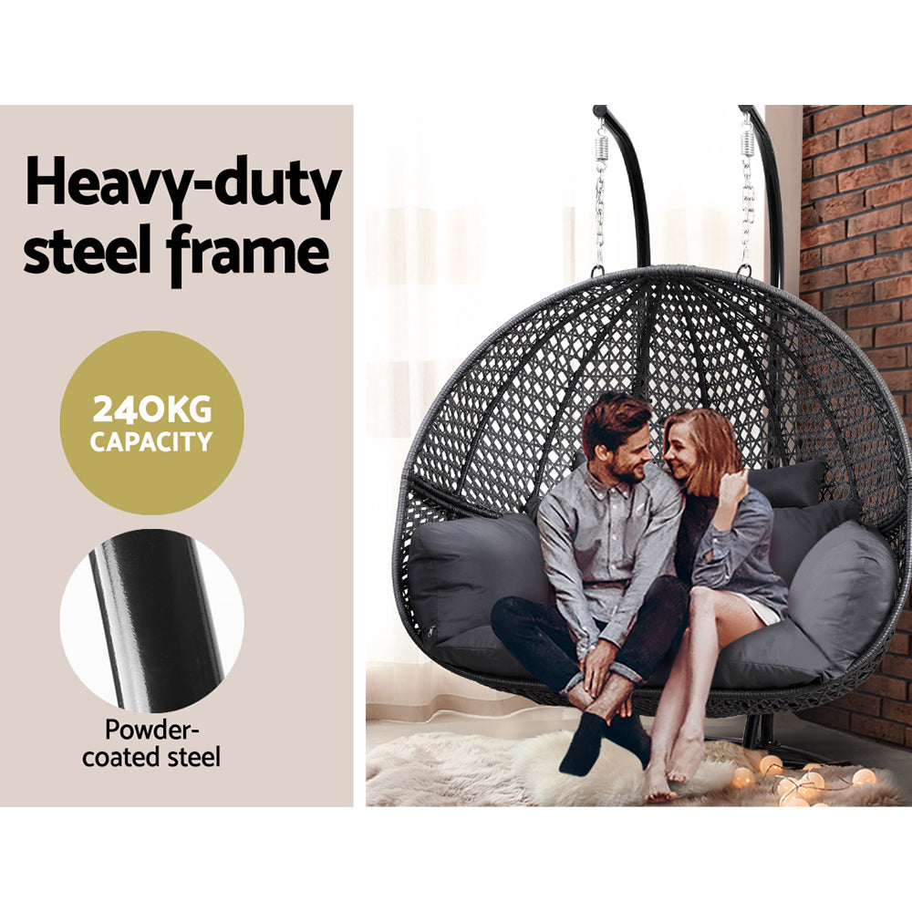 Andrew Outdoor Egg Swing Chair Wicker Furniture Pod Stand Cushion 2 Seater - Grey