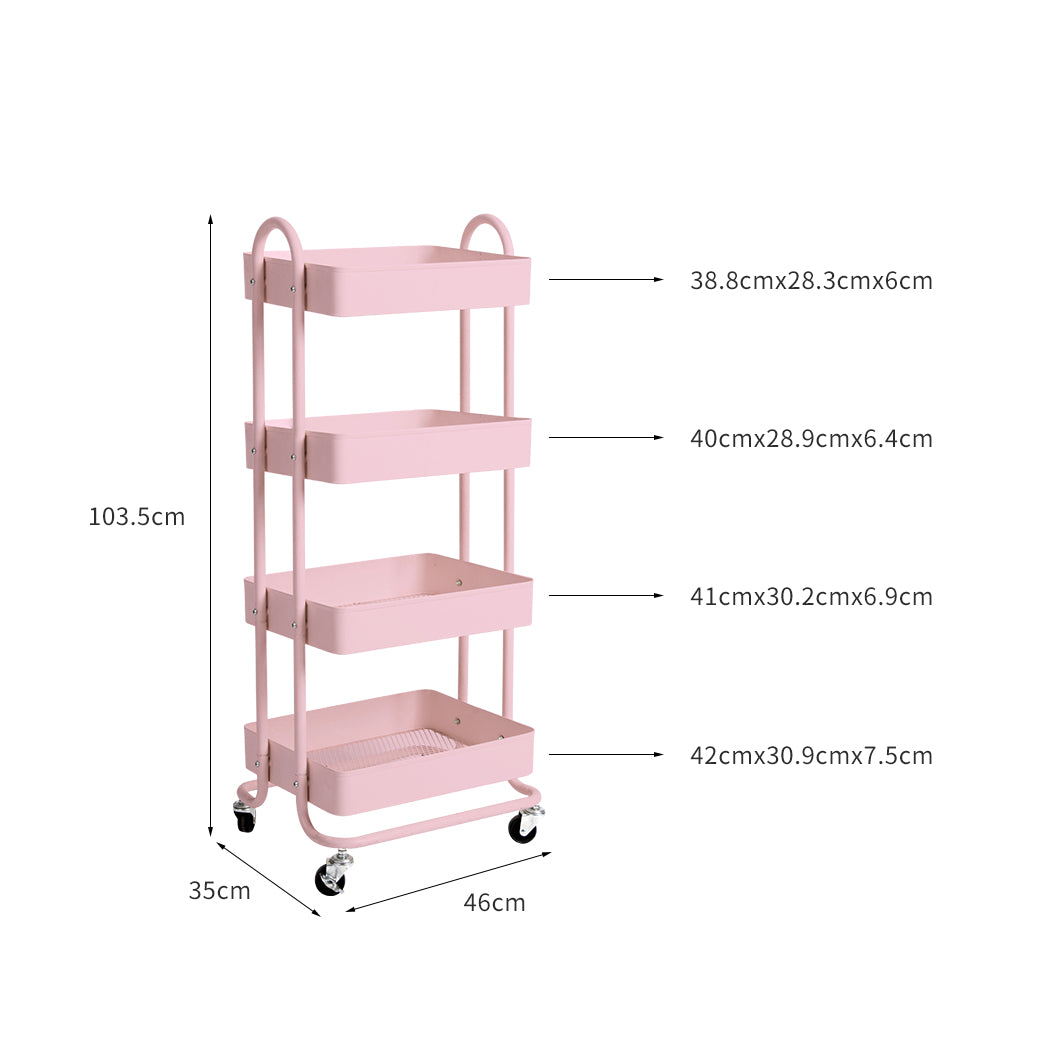 4 Tiers Kitchen Trolley Cart Steel Storage Rack Shelf Organiser Pink