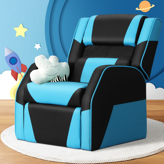 Payton Kids Recliner Chair PU Leather Gaming Sofa Lounge Couch Children Armchair - Black & Blue