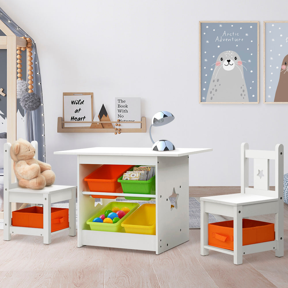 Prasad 3-Piece Kids Table & Chairs Set Children Furniture Play Toys Storage Box - White