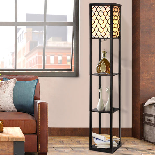 Floor Lamp 3 Tier Shelf Storage LED Light Stand Home Room Pattern - Black