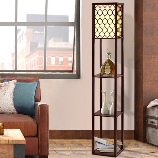 Floor Lamp 3 Tier Shelf Storage LED Light Stand Home Room Pattern - Brown