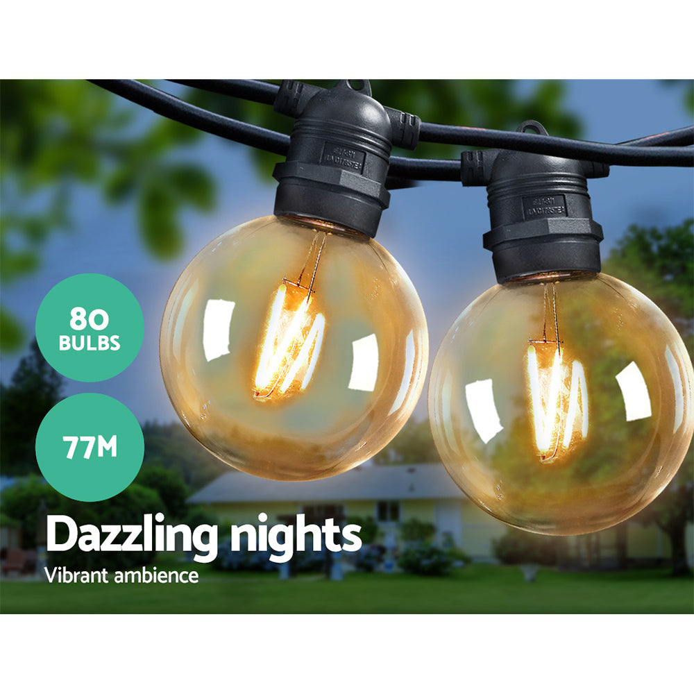 77M 80 LED Bulbs Festoon Lights Sting Lighting Kits Outdoor Party - Warm White