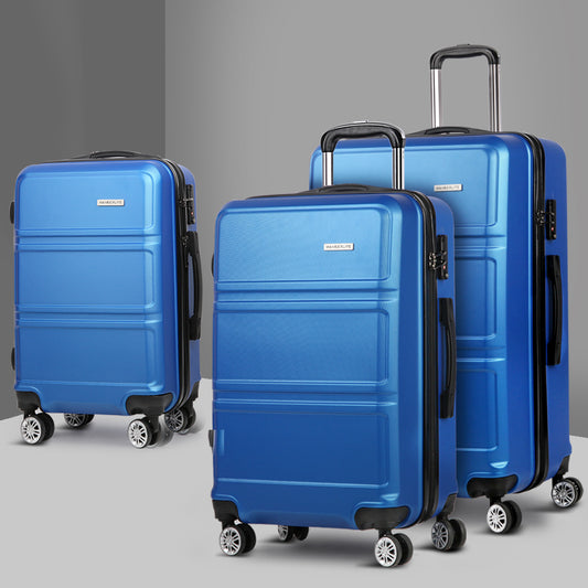 Set of 3 Luggage Trolley Set Suitcase Travel TSA Hard Case Blue