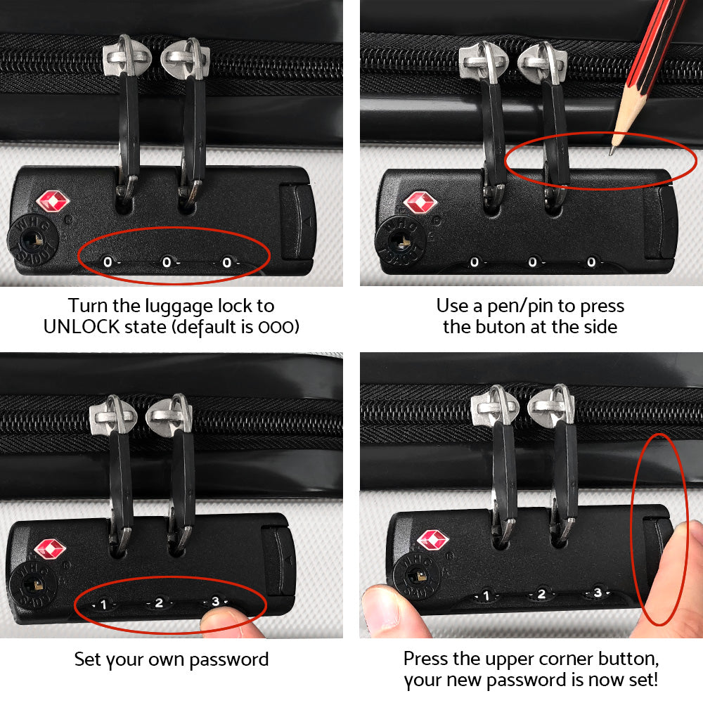 Set of 3 Luggage Trolley Set Suitcase Travel TSA Hard Case White