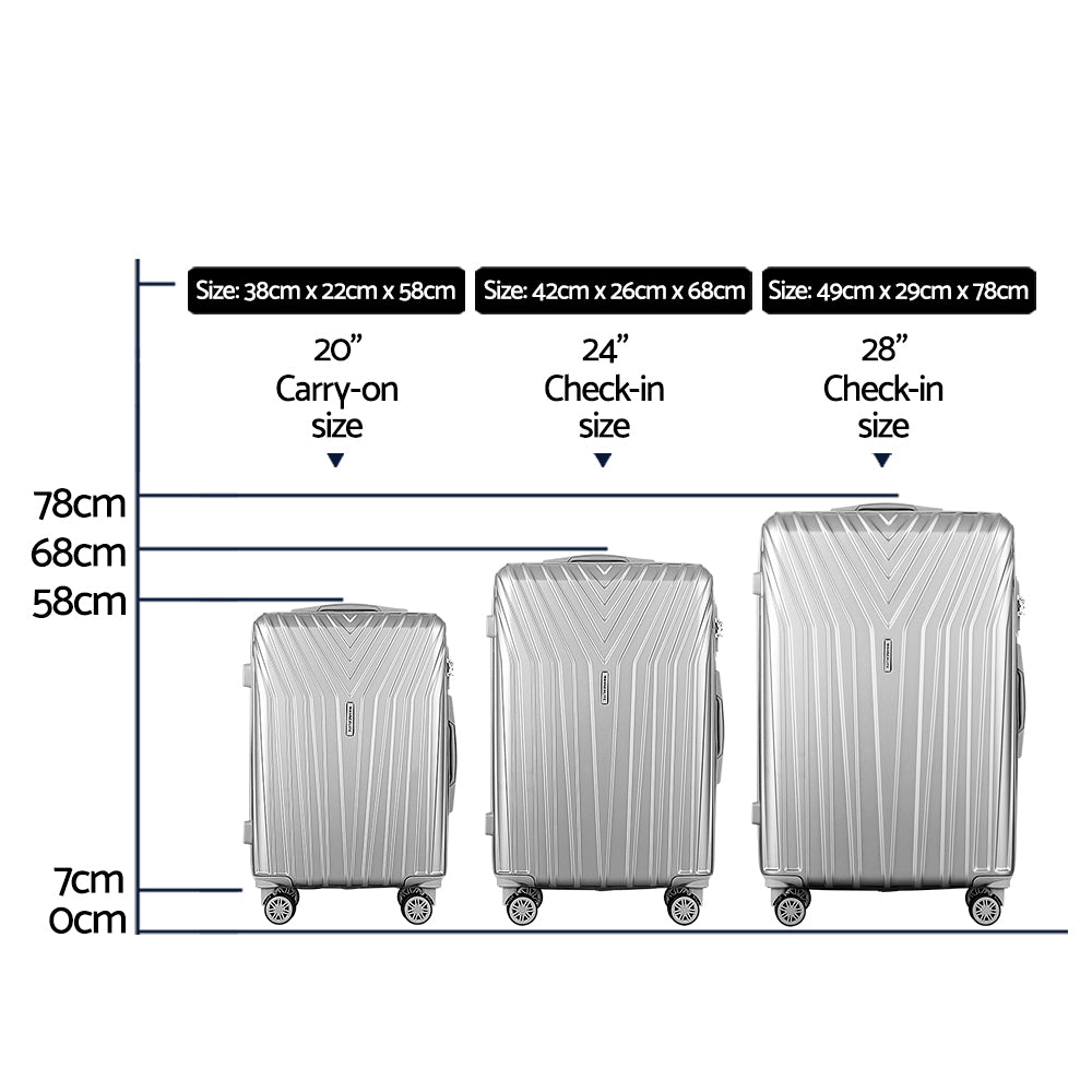 Set of 3 Luggage 20-24-28" Suitcase with TSA Lock Carry On Hard Shell Travel Luggage Organiser Case - Silver