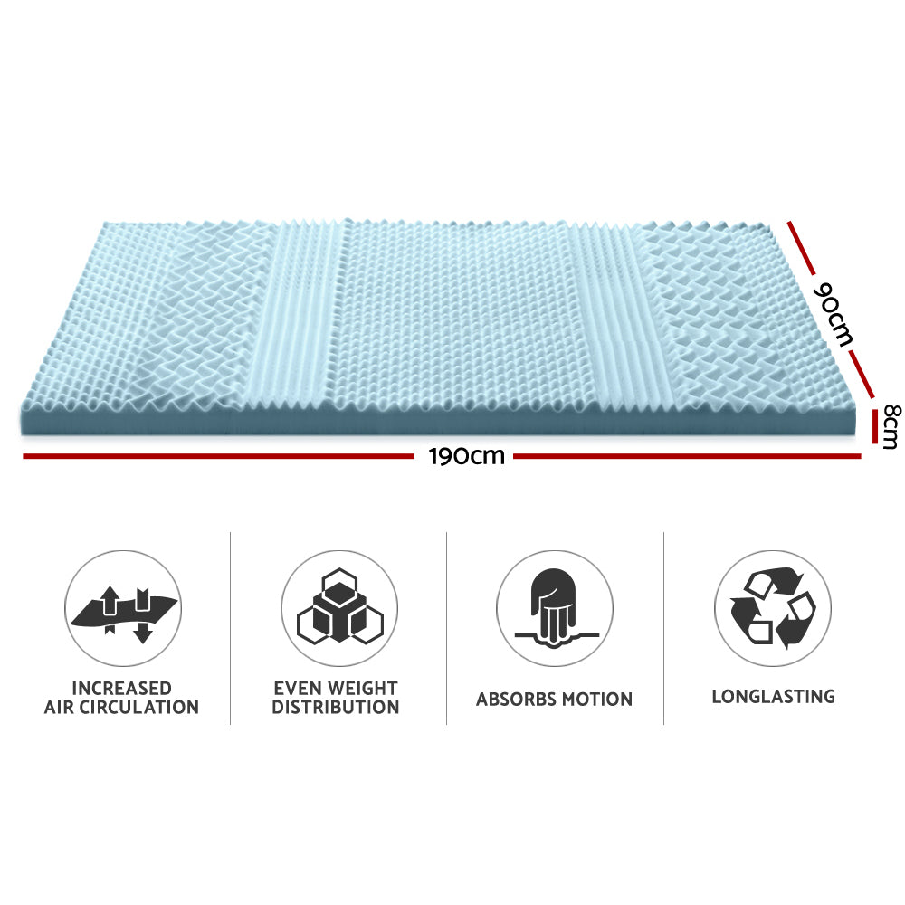 SINGLE 8cm Cool Gel 7-zone Memory Foam Mattress Topper with Bamboo Cover
