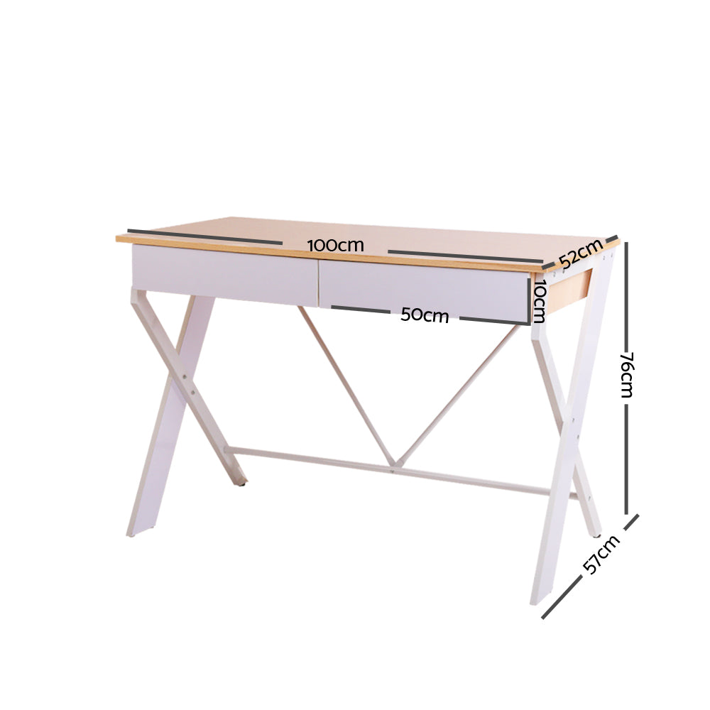 Cross Leg Metal Desk with Drawer - White with Oak Top