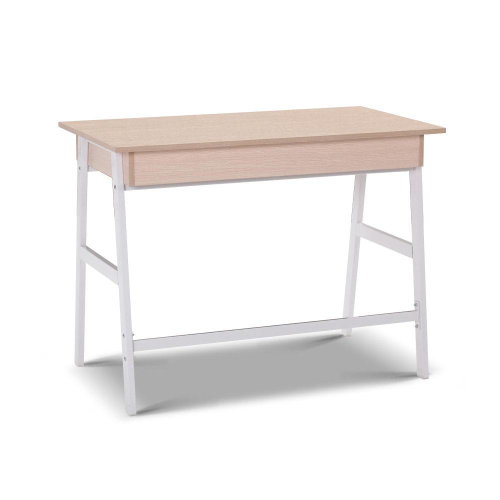 Metal Desk with Drawer - White with Oak Top