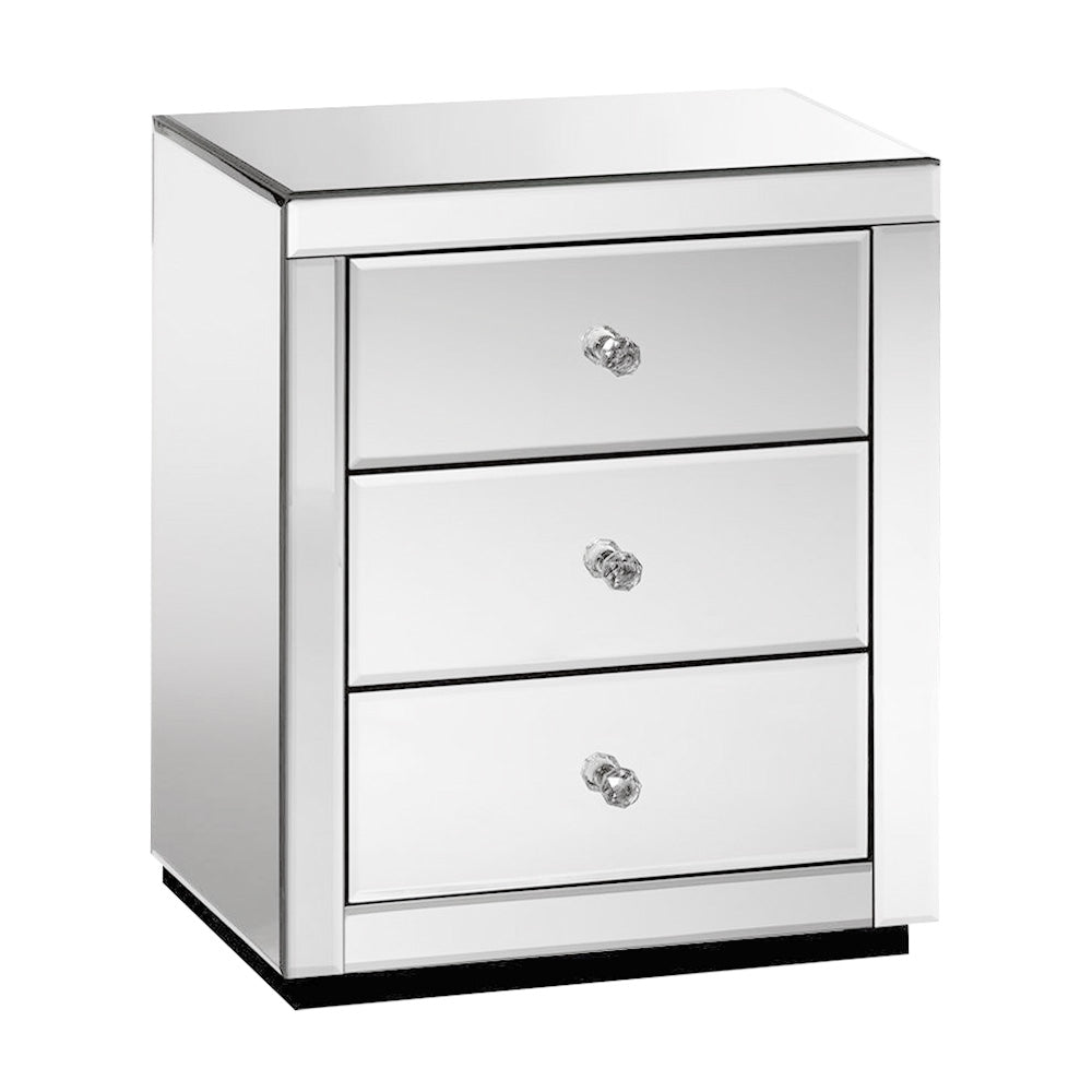 Batoche Mirrored Bedside Tables Mirrored Furniture Mirror Glass with 3 Drawers - Silver