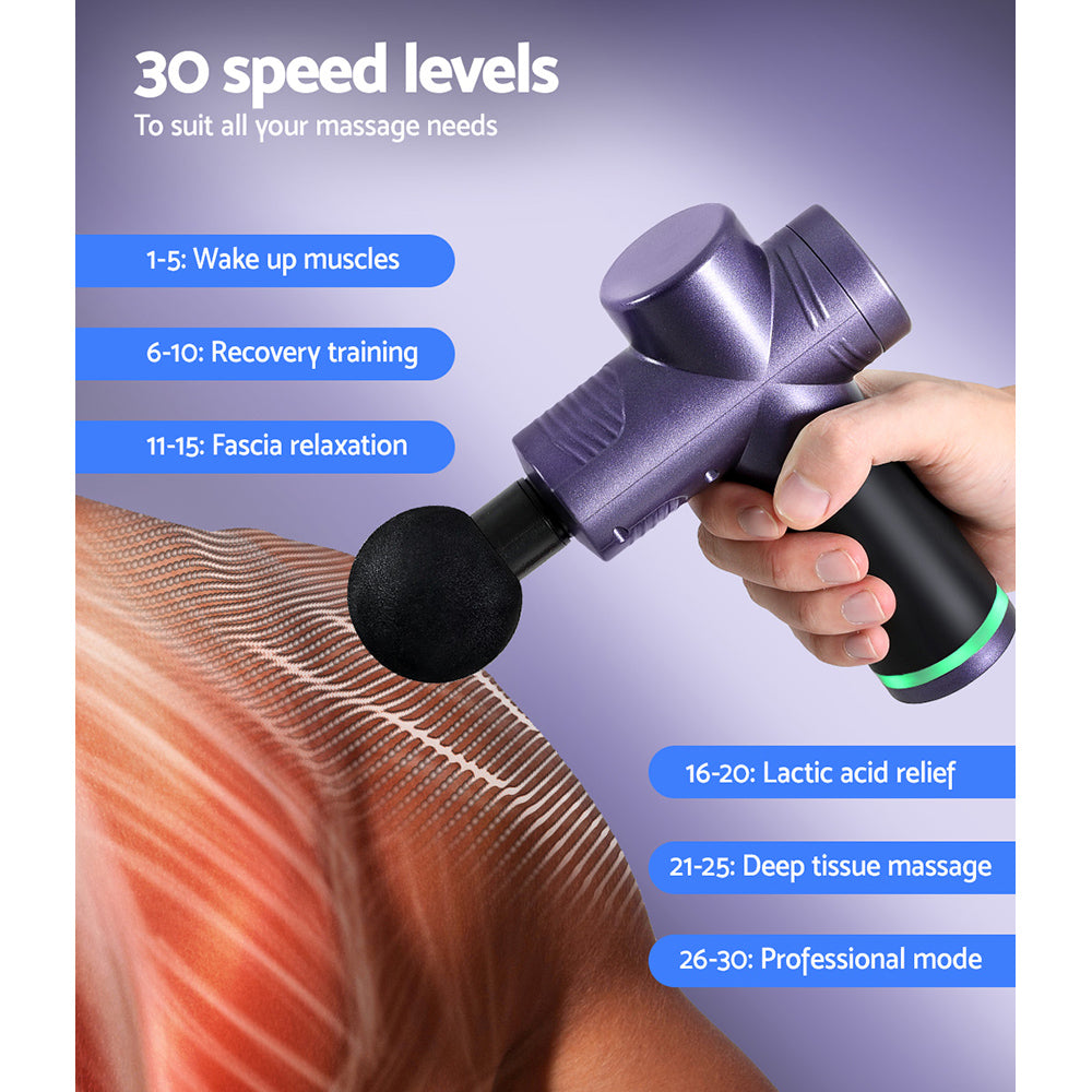 30 Speed Massage Gun 4 Head Vibration Muscle Massager Percussion Relief - Purple