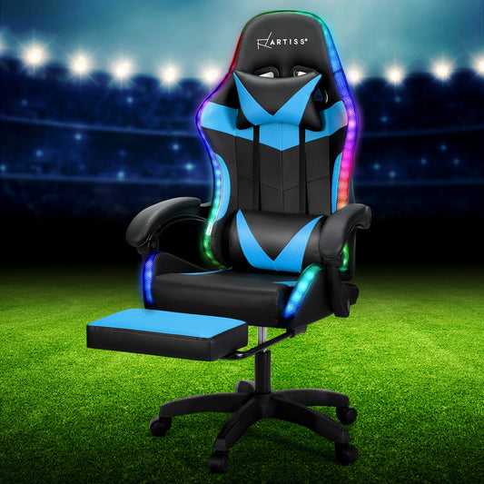 Erend Massage Gaming Office Chair 7 LED Computer Leather Footrest - Cyan Blue