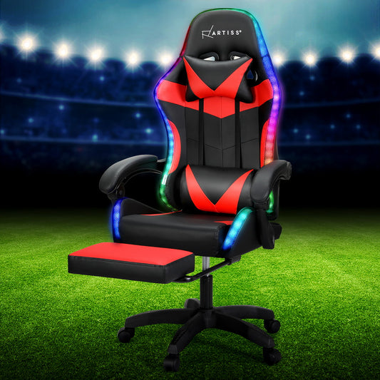 Erend Massage Gaming Office Chair 7 LED Computer Leather Footrest - Red