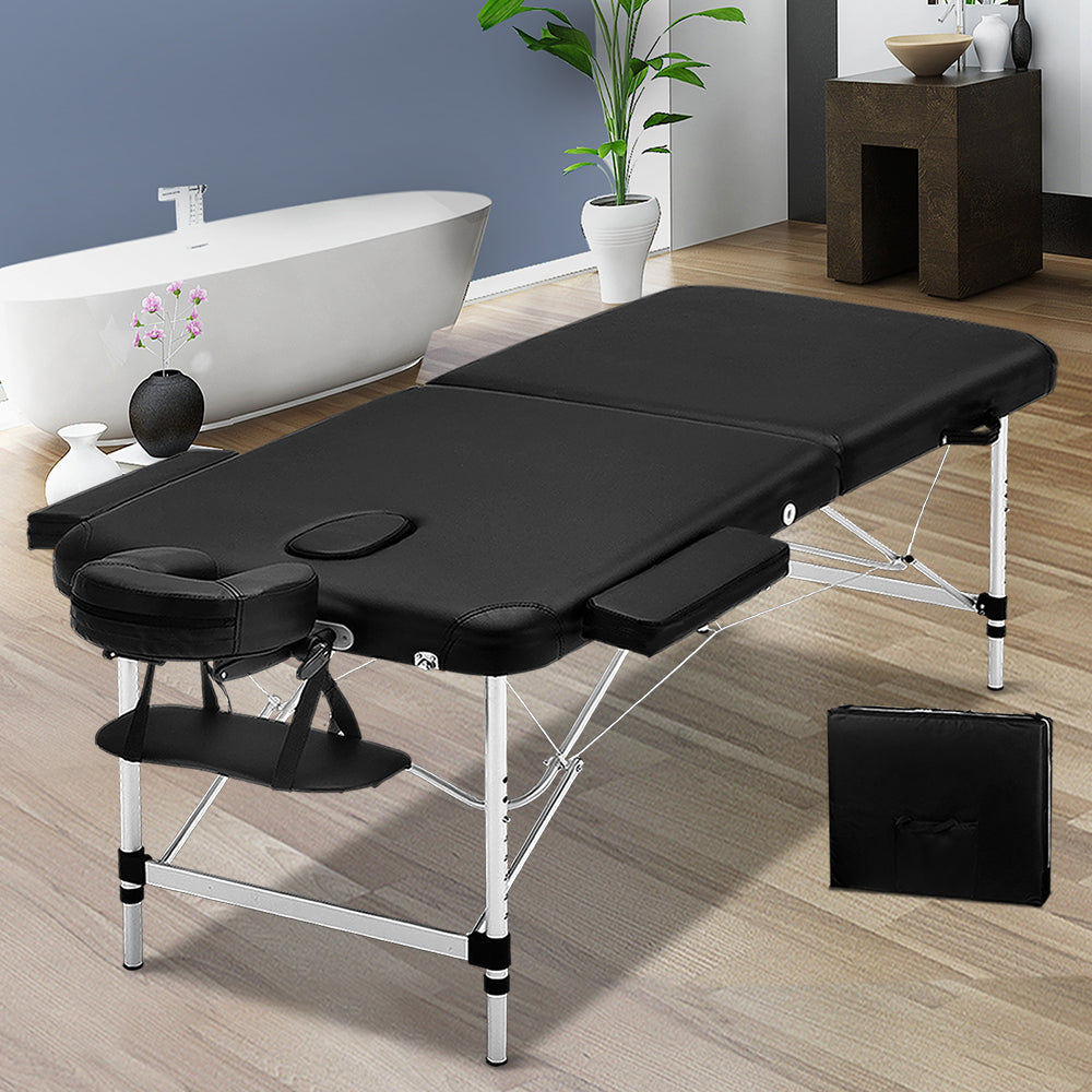 Massage Table 55cm 2 Fold Aluminium Massage Bed Portable Beauty Therapy Black