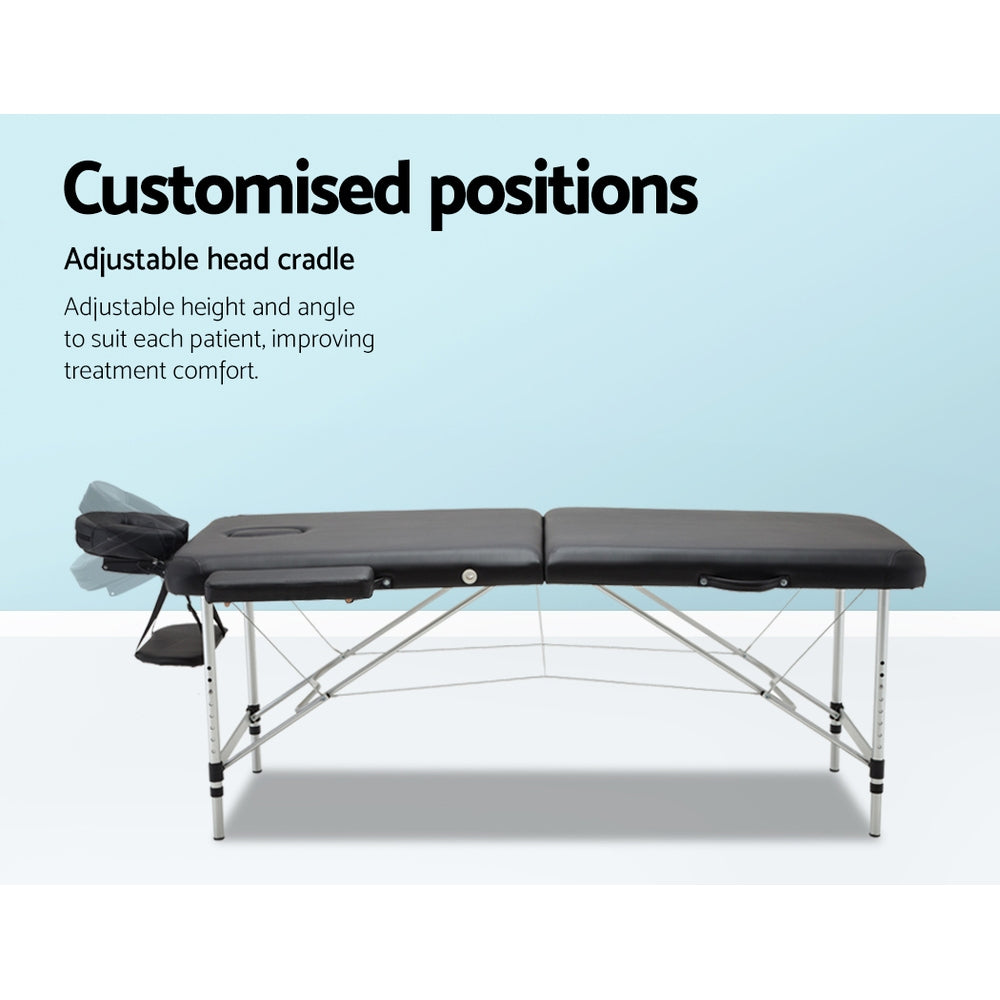 Massage Table 70cm 2 Fold Aluminium Massage Bed Portable Beauty Therapy Black