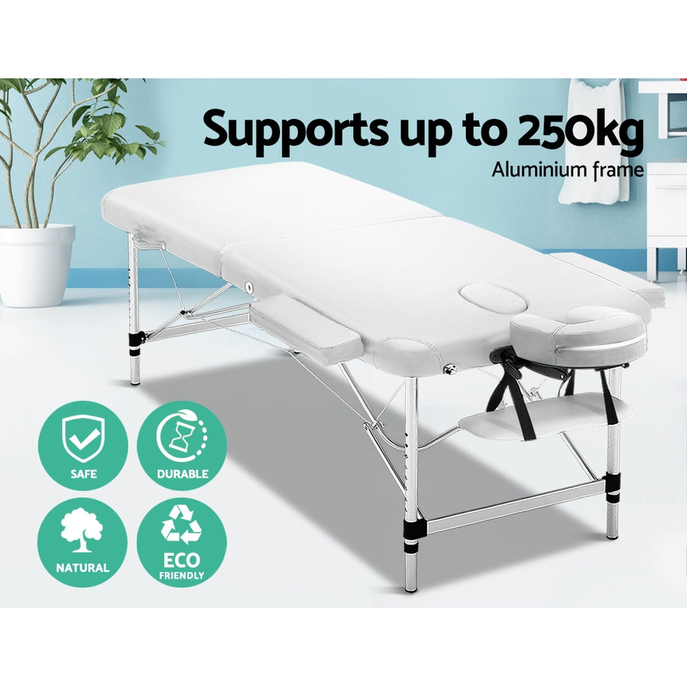 Massage Table 75cm 2 Fold Aluminium Massage Bed Portable Beauty Therapy White