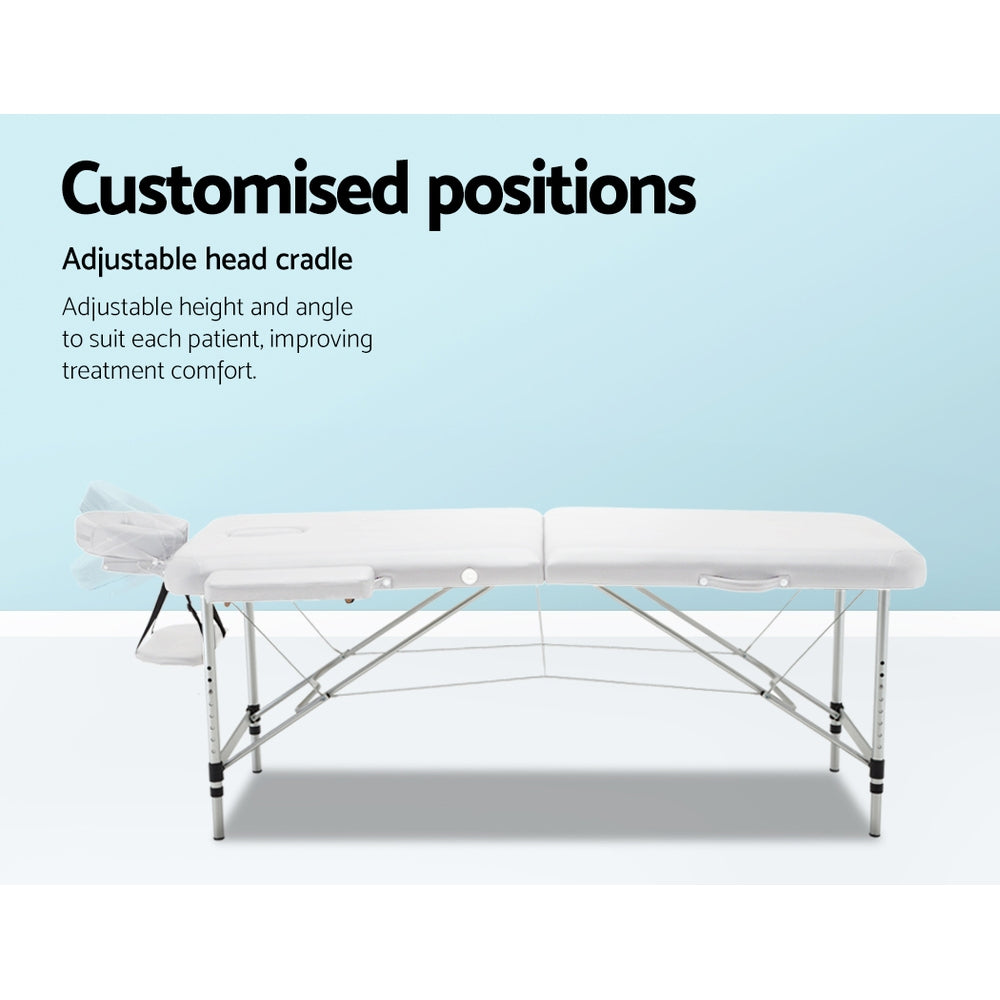 Massage Table 75cm 2 Fold Aluminium Massage Bed Portable Beauty Therapy White