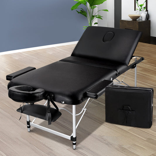 Massage Table 70cm 3 Fold Aluminium Beauty Bed Portable Therapy Black