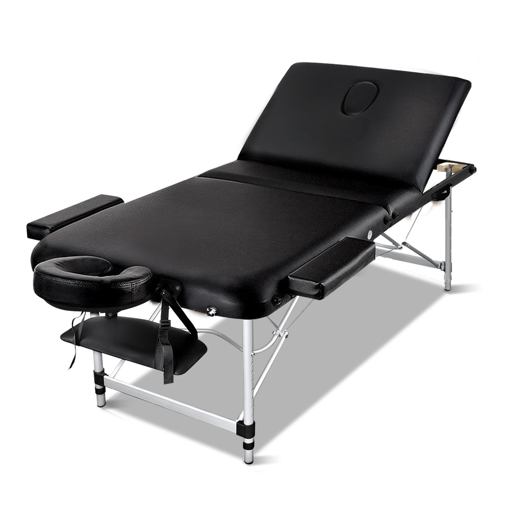 Massage Table 75cm 3 Fold Aluminium Beauty Bed Portable Therapy Black