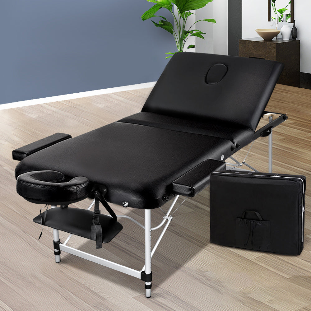 Massage Table 75cm 3 Fold Aluminium Beauty Bed Portable Therapy Black