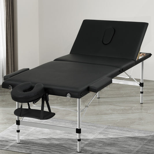 Massage Table 85cm Portable 3 Fold Aluminium Beauty Bed - Black