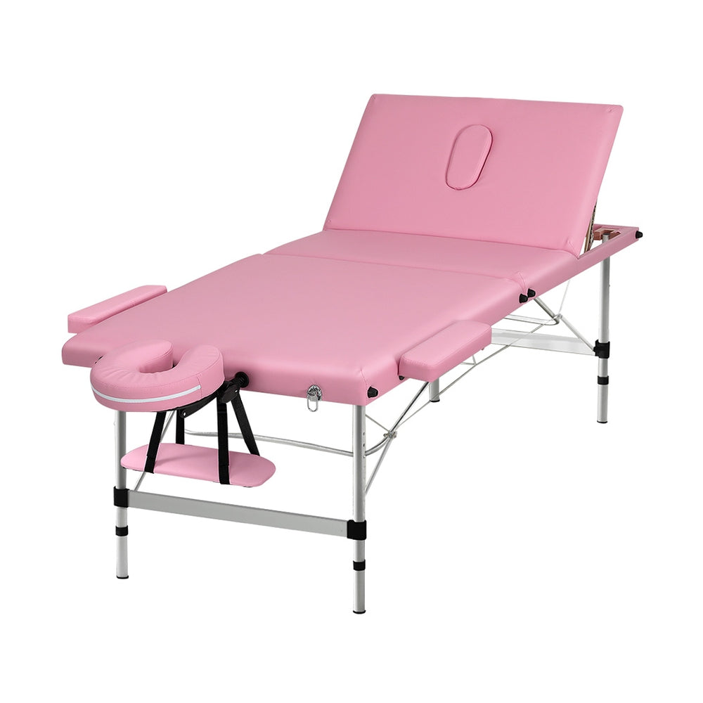 Massage Table 85cm Portable 3 Fold Aluminium Beauty Bed - Pink