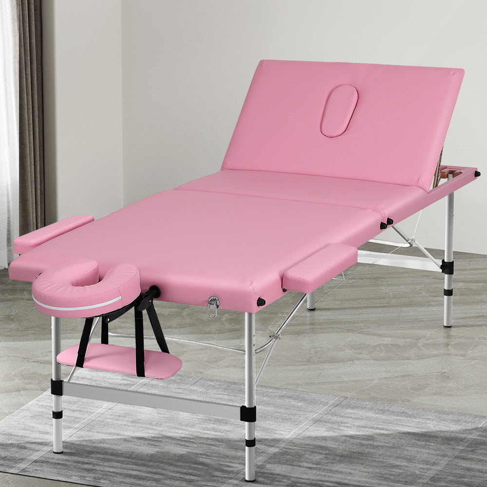 Massage Table 85cm Portable 3 Fold Aluminium Beauty Bed - Pink