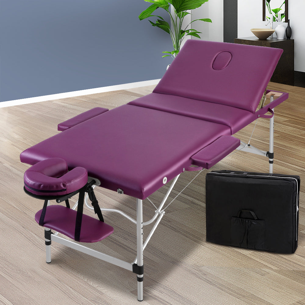 Massage Table 75cm 3 Fold Aluminium Beauty Bed Portable Therapy Violet