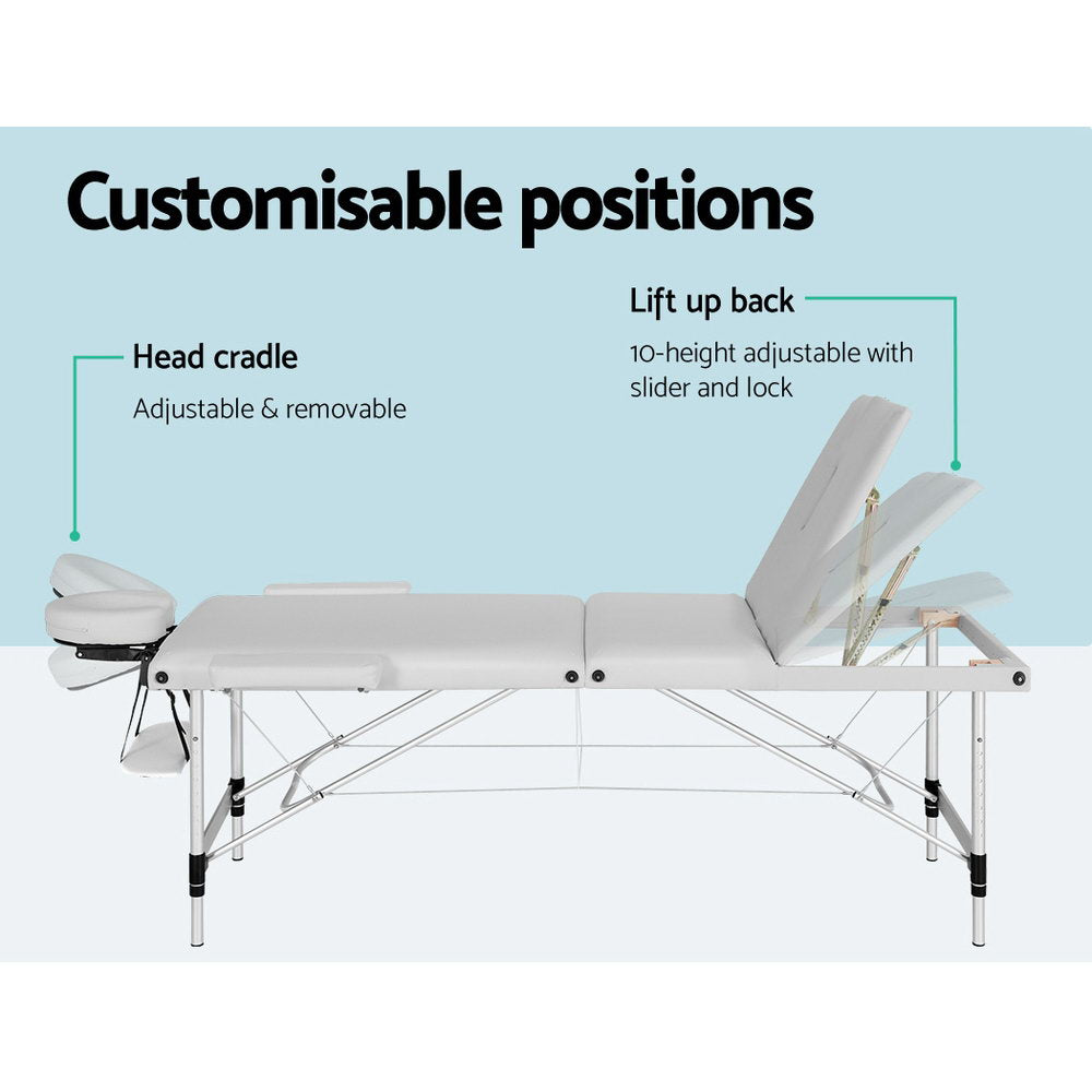 Massage Table 65cm Portable 3 Fold Aluminium Beauty Bed - White