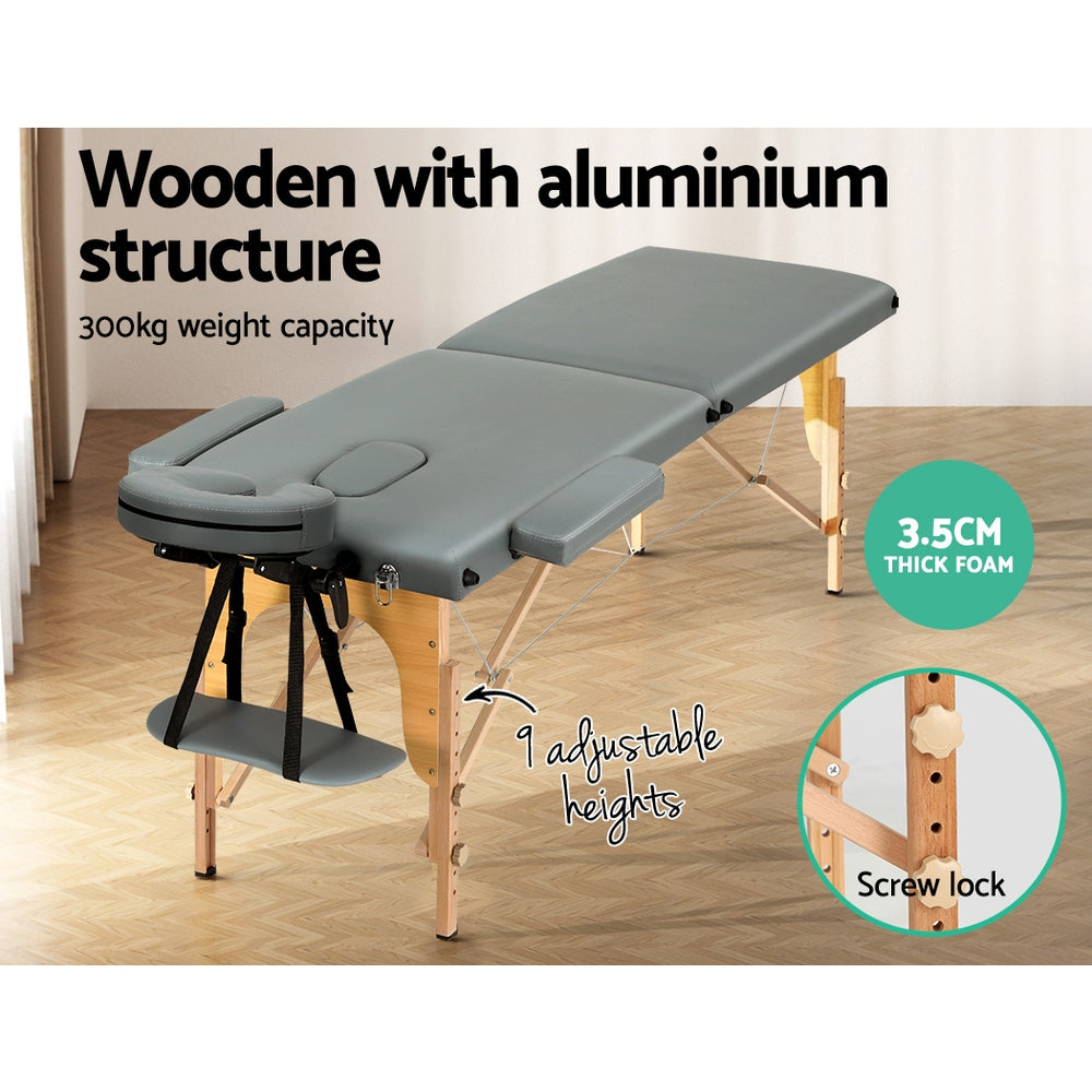 Massage Table 56cm Portable 2 Fold Wooden Beauty Bed Grey