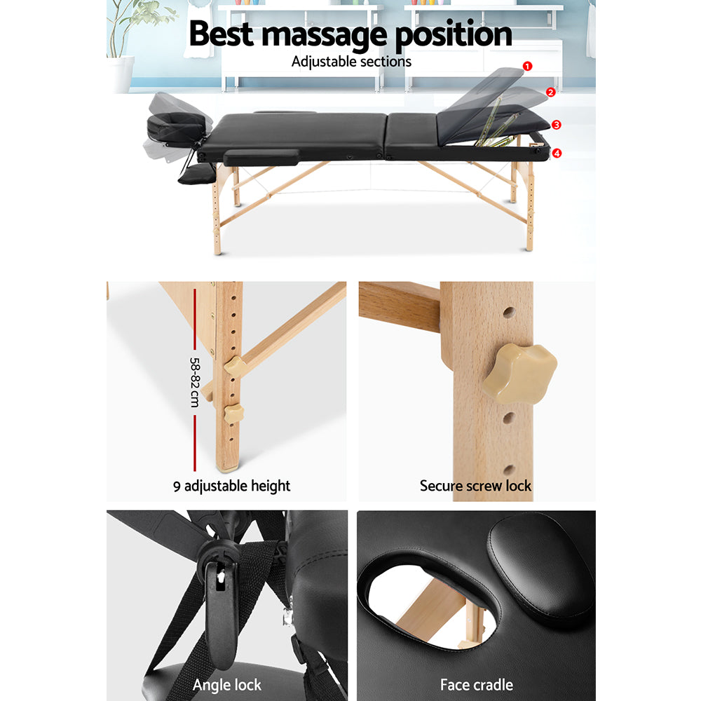 Massage Table 60cm 3 Fold Wooden Portable Beauty Therapy Bed Waxing Black