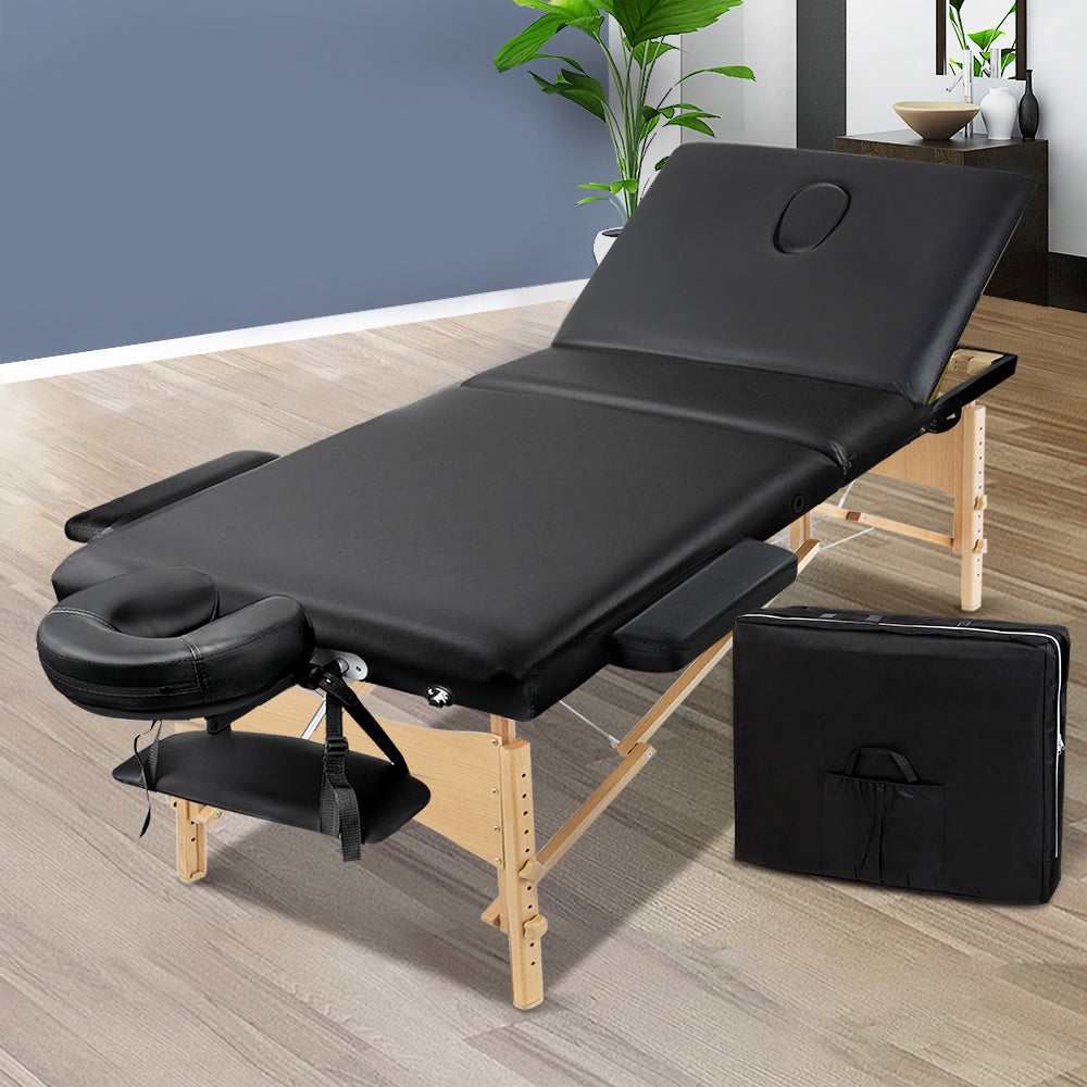 Massage Table 60cm 3 Fold Wooden Portable Beauty Therapy Bed Waxing Black