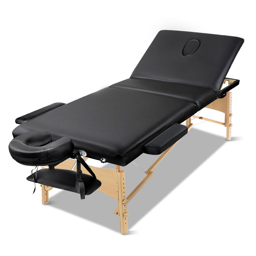 Massage Table 75cm 3 Fold Wooden Portable Beauty Therapy Bed Waxing Black