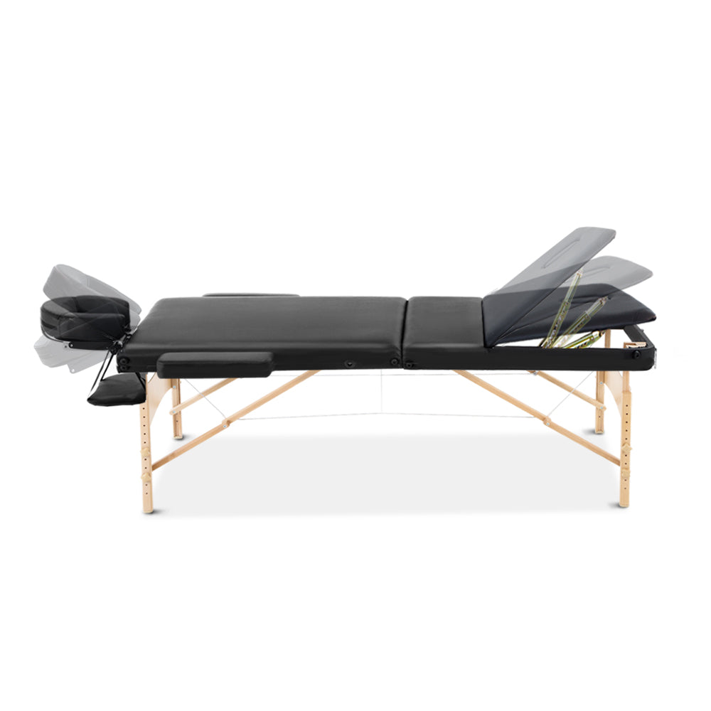 Massage Table 75cm 3 Fold Wooden Portable Beauty Therapy Bed Waxing Black