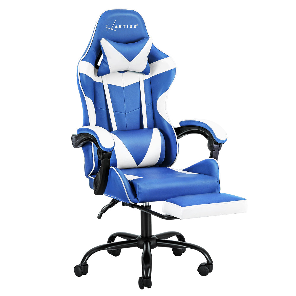 Spyro Executive Gaming Office Chair Computer Leather Footrest - White & Blue
