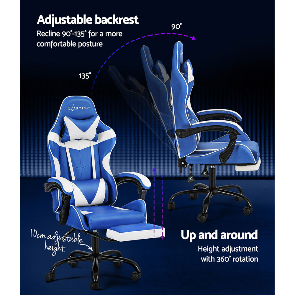Spyro Executive Gaming Office Chair Computer Leather Footrest - White & Blue