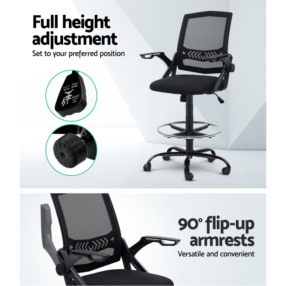 Tifa Office Chair Veer Drafting Stool Mesh Flip Up Armrest - Black