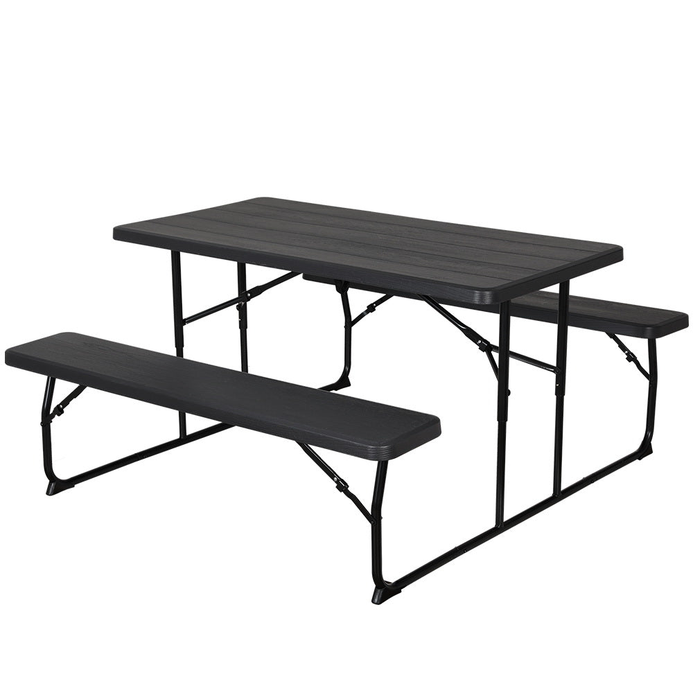 Holden 2-Seater Picnic Patio Bench Camp Folding Table 3-Piece Outdoor Dining Set - Black