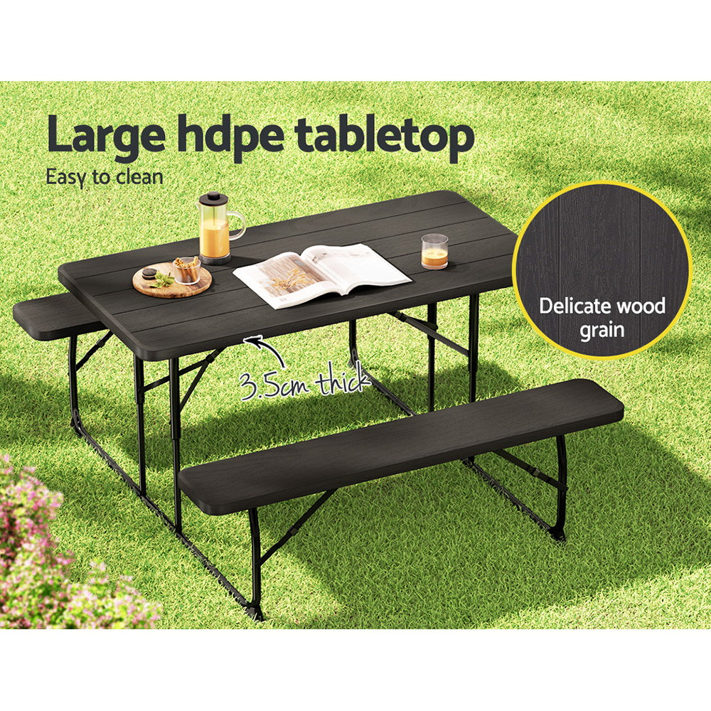 Holden 2-Seater Picnic Patio Bench Camp Folding Table 3-Piece Outdoor Dining Set - Black