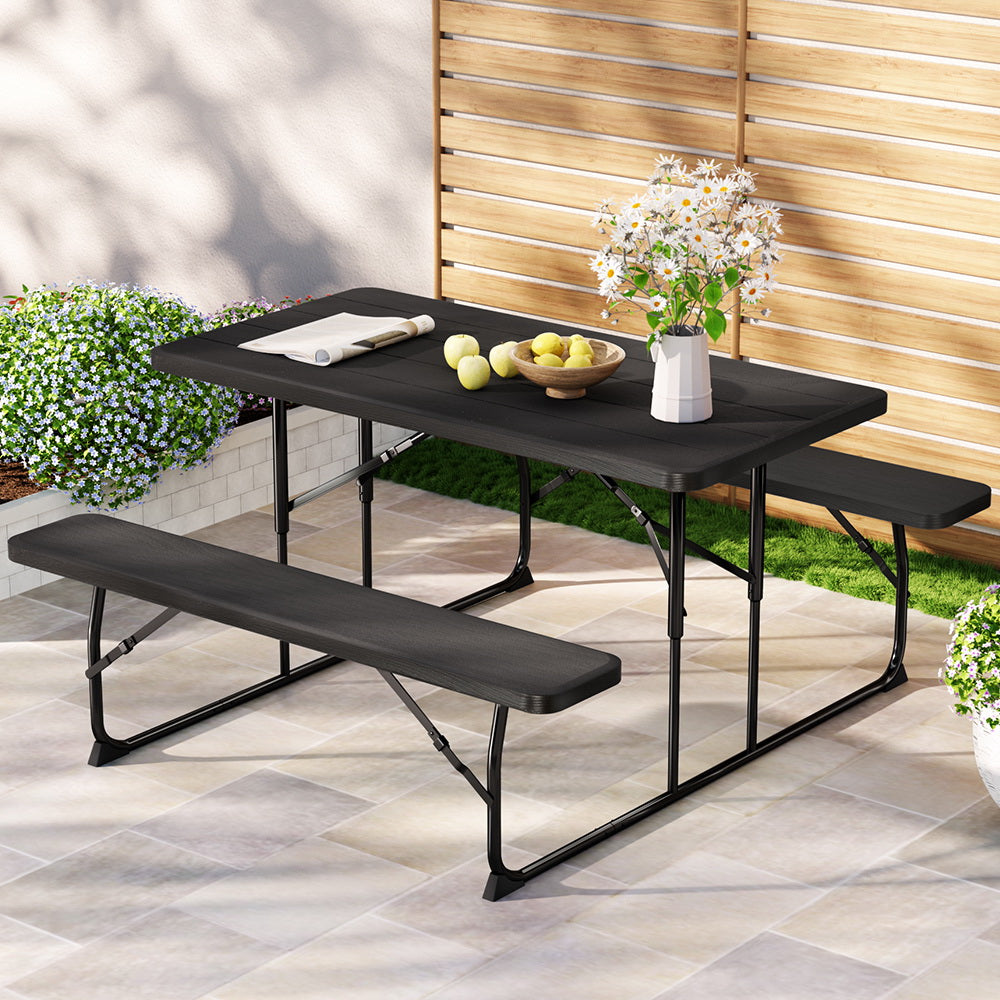 Holden 2-Seater Picnic Patio Bench Camp Folding Table 3-Piece Outdoor Dining Set - Black