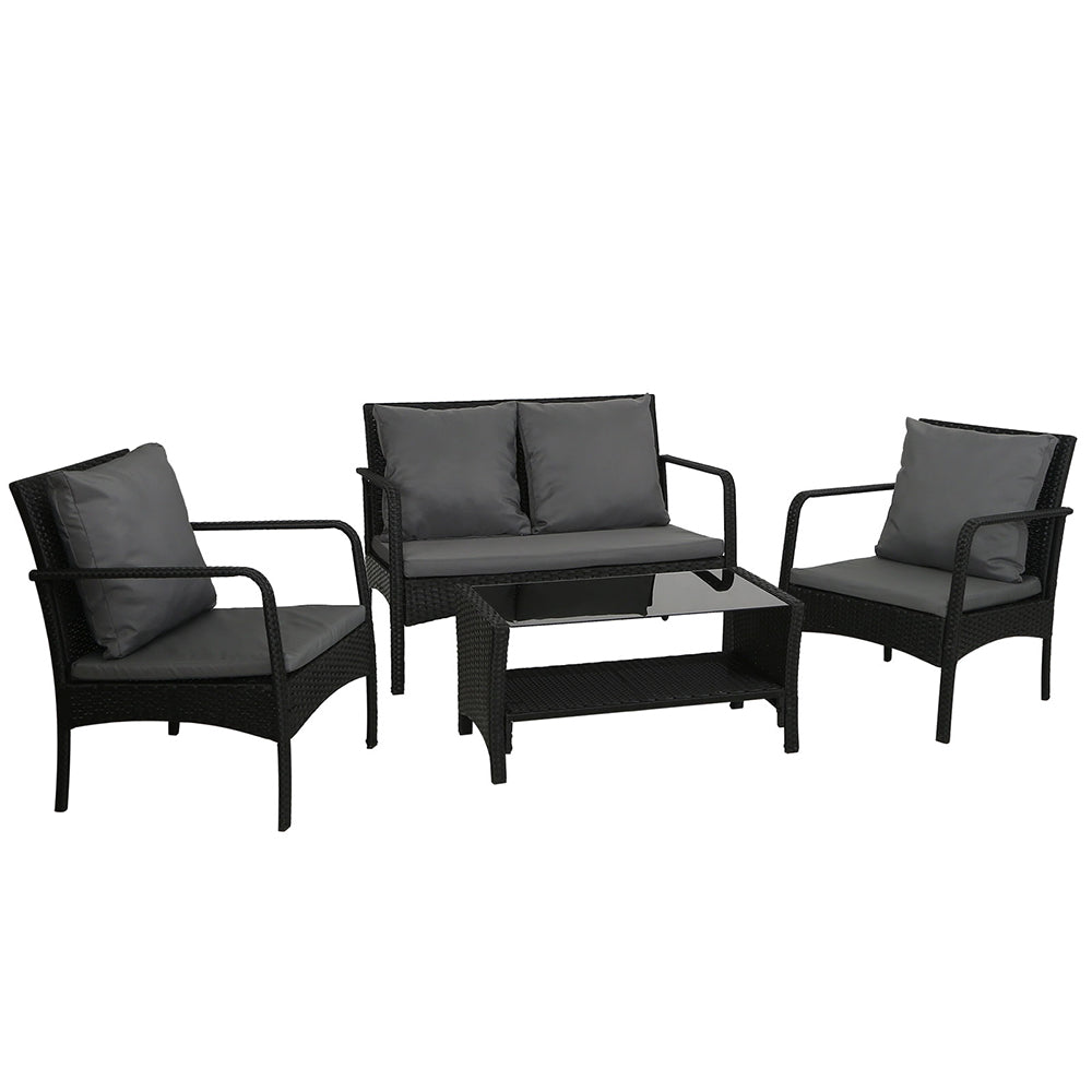 Camborne 4-Seater Furniture Lounge Table Chairs Garden Patio Wicker Sofa 4-Piece Outdoor Sofa - Black