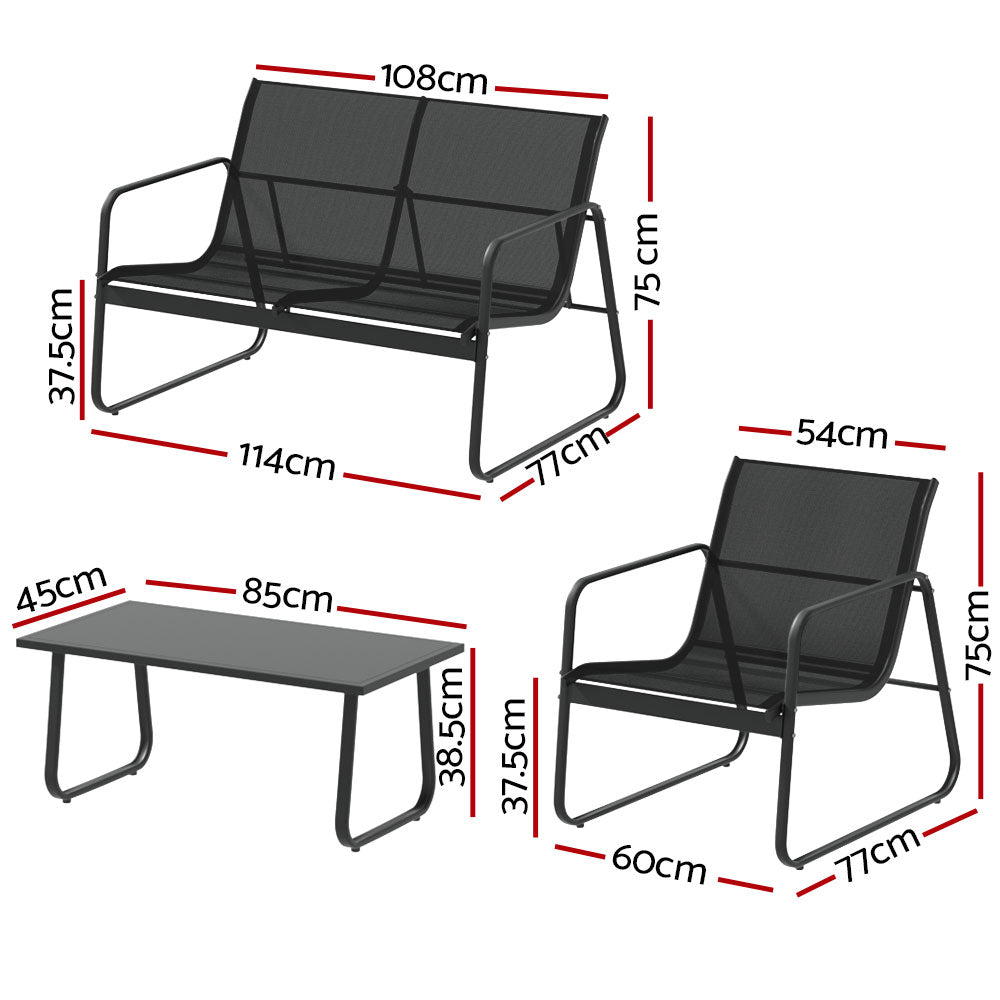 Camborne 4-Seater Lounge Garden Patio Furniture Textilene Table Chair 4-Piece Outdoor Sofa - Black