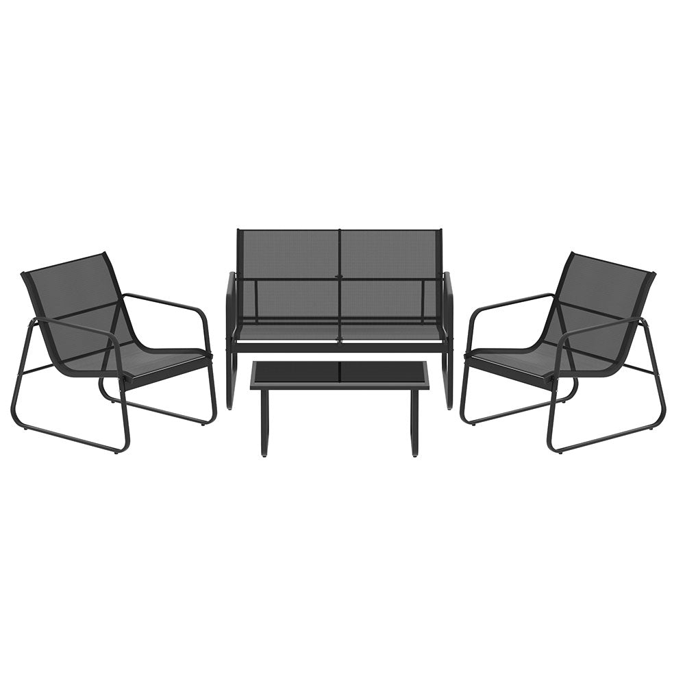 Camborne 4-Seater Lounge Garden Patio Furniture Textilene Table Chair 4-Piece Outdoor Sofa - Black