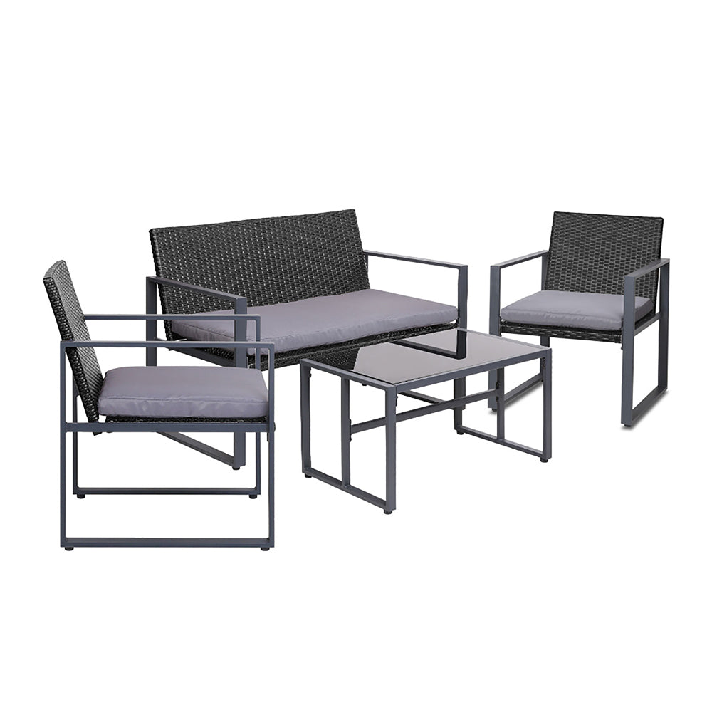 Ronald 4-Seater Rattan Furniture Glass Top Table & Chairs 4-Piece Outdoor Sofa Set - Black